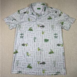 Waggle Men White Green Small Short Sleeve 3 Button Golf Gnome Print Polo Shirt